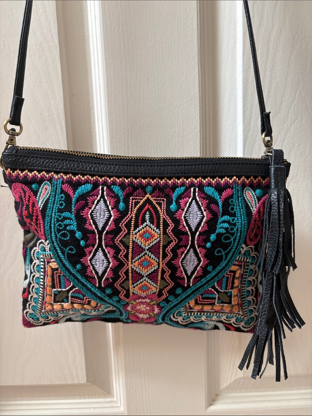 Johnny Was Embroidered Black Crossbody Bag with Teal & Pink Accents